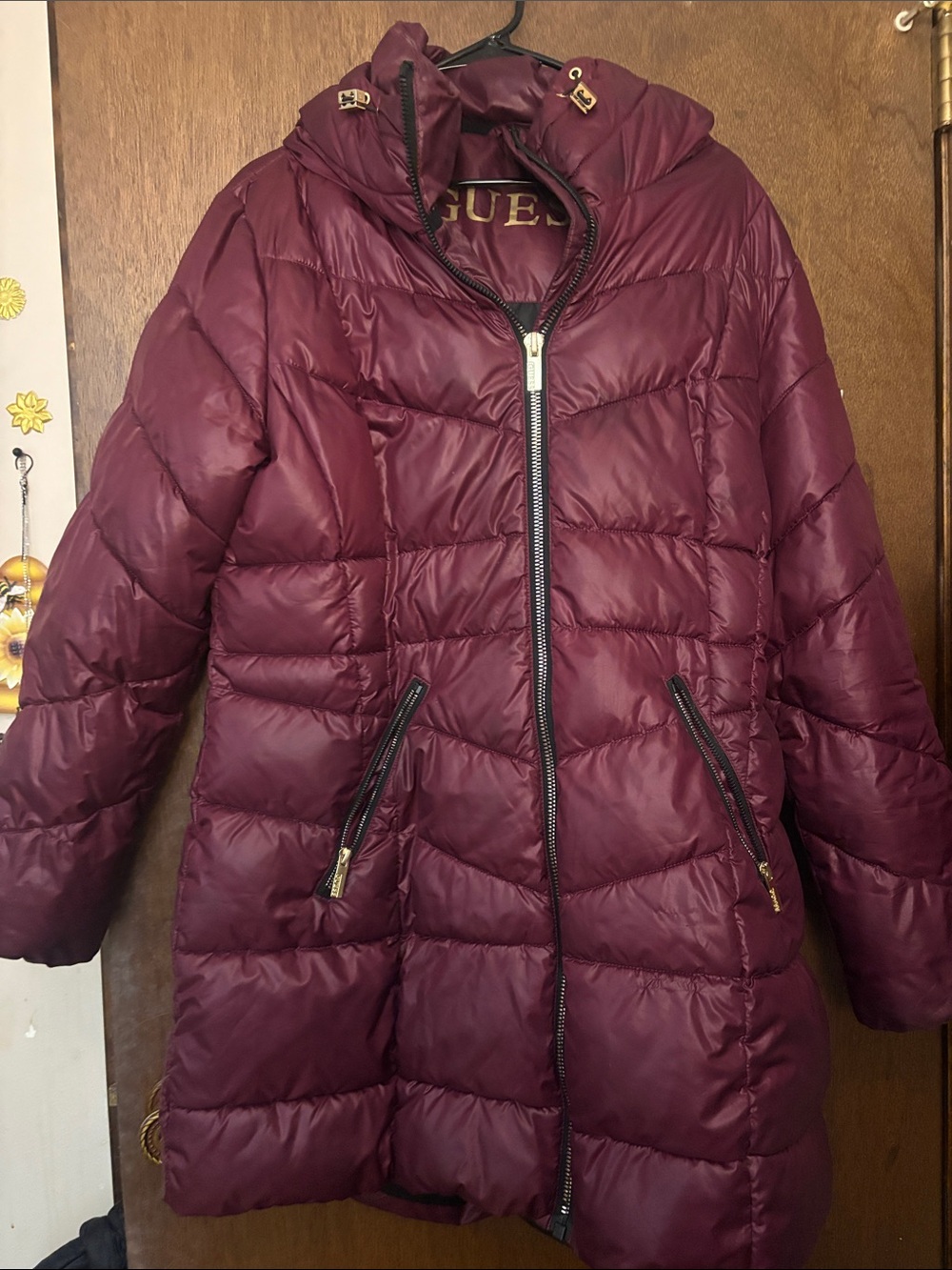 Guess Women's Quilted Puffer Coat - Burgundy Wine